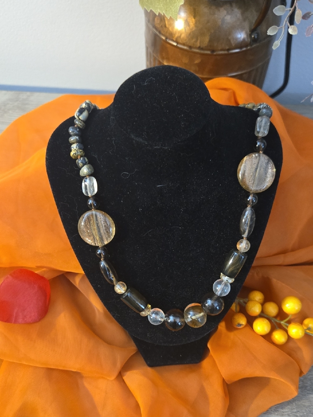 Handcrafted Smoky Glass Bead Necklace in Brown and Gold